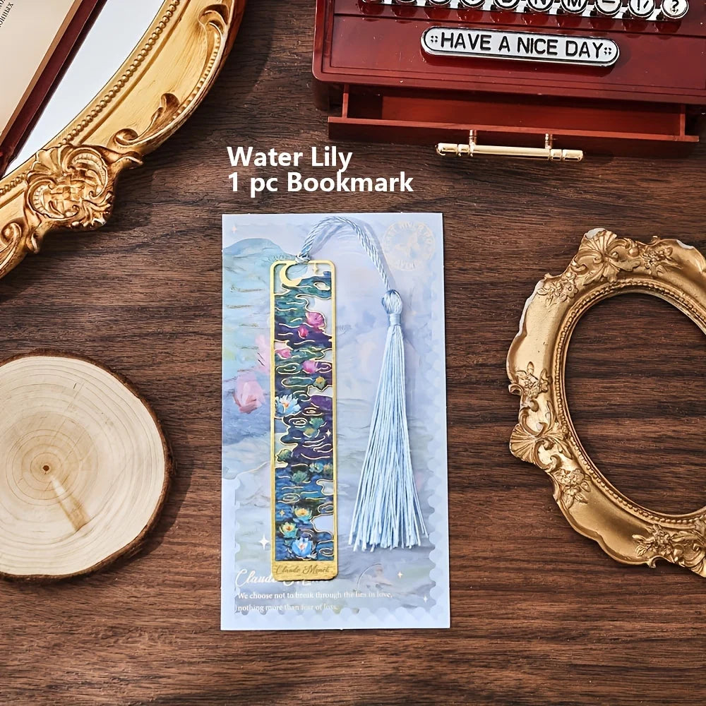 Vintage Oil Painting Metal Bookmarks - Hollow Hot Stamping Long Tassel Bookmarks - Stationery Gifts for Book Clubs, Book Lovers, Oasis Select Water Lily
