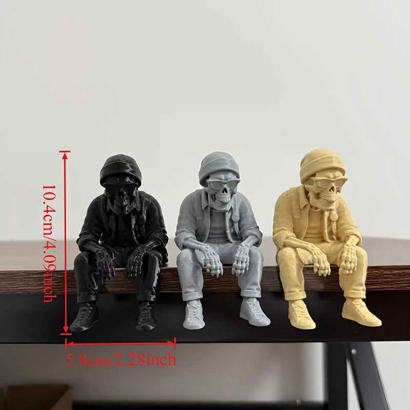 Street Style Skeleton Traveler Ornaments Fashion Skeleton Sitting Statues Cool Leisure Beanie Home Desktop Ornaments Decor Gifts Oasis Select