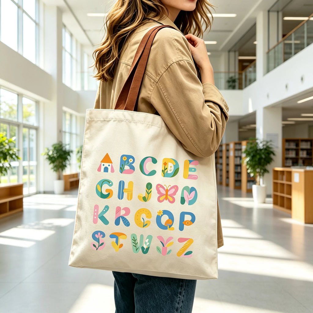 Colorful ABC Print Canvas Tote Bag Large Eco Reusable Shoulder Bag Student Teacher School Shopping Bag Oasis Select