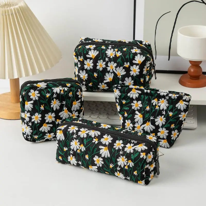Floral Embroidery Women Cosmetic Bag Canvas Zipper Make Up Bag Travel Washing Makeup Organizer Sanitary Napkin Pouch Storage Oasis Select