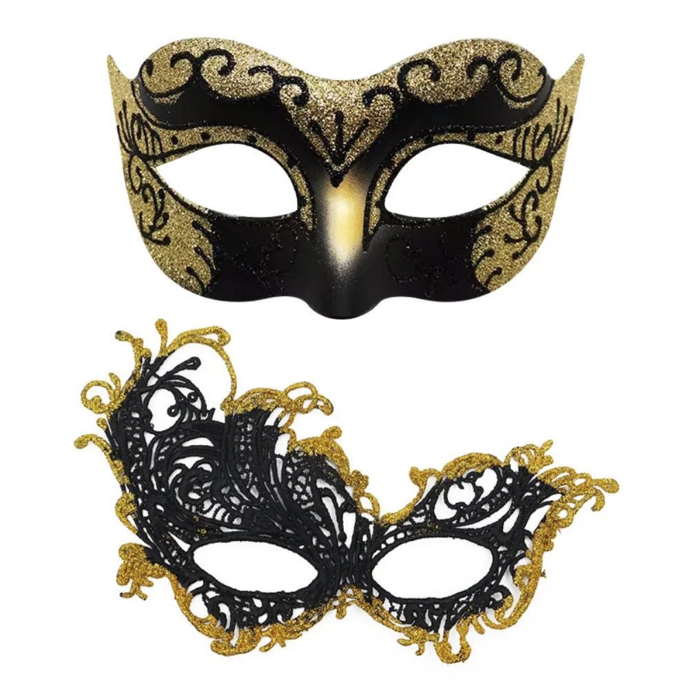 2PCS/set Couple Masks Lace Women Mask Men Painted Half Face Mask Eye Mask Set Party Masquerade Wedding Decoration Costume Prom Oasis Select Gold 1