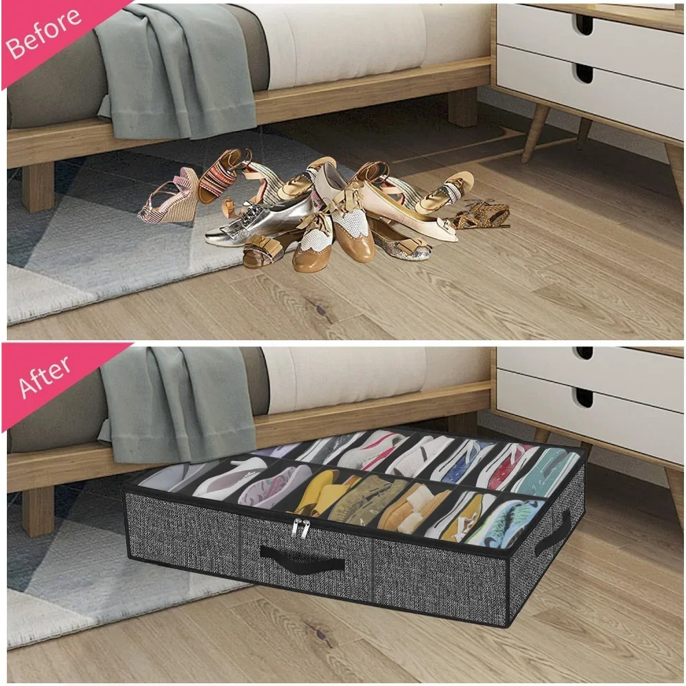 Shoe Storage Organizer Box with Reinforced Handles for Under Bed, Fit 12 Pairs, Collapsible Closet Underbed Shoes Container Bags Oasis Select