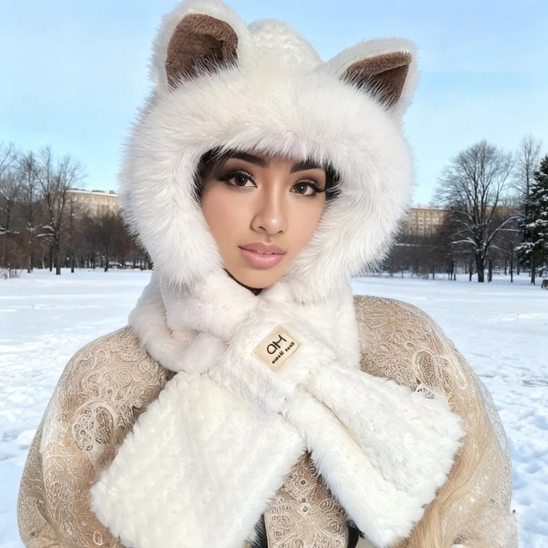1pc Kawaii Cat Ears Beanie with Pom-Pom, Women's Winter Hat Furry Collar for Christmas Gift, Cute,Fashionable and Warm Oasis Select
