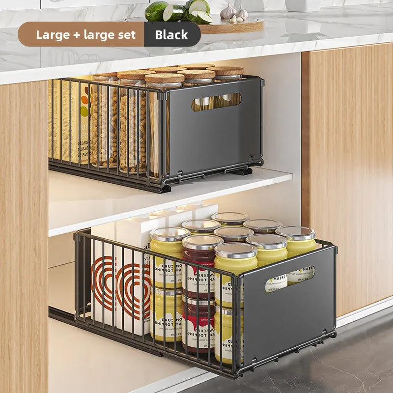 Built-in pull basket in cabinet, multi-functional pull-out snack storage rack, household kitchen sink lower shelf, no punching Oasis Select Black Large 2PCS