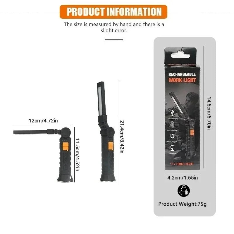 Portable COB LED Work Light – Magnetic, Hook, Rechargeable 350LM
