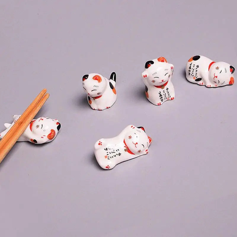 Lucky Cat Chopsticks Rest Household Ceramic Ornament 5Pcs Japanese Style Ceramic Chopsticks Holder Kitchen Craft Home Decor Oasis Select
