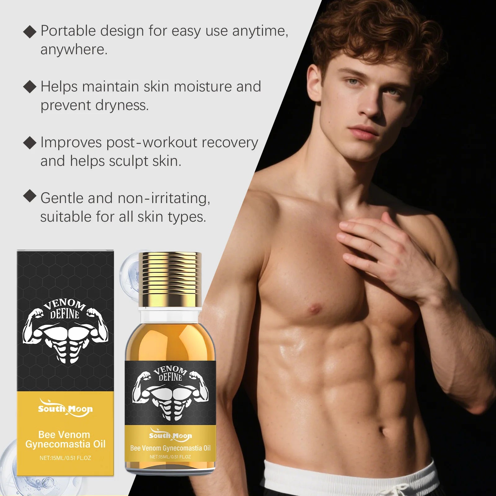 Men's Bee Venom Gynecomastia Oil Chest Firming Sculpting Cooling & Non-Greasy Chest Shaping Massage Oil for Men Skin Care Oasis Select