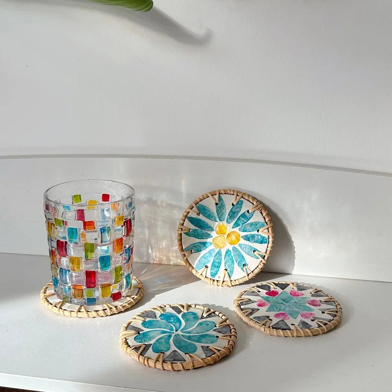 Handmade Rattan Coaster | Colorful Woven Table Mat 10cm
