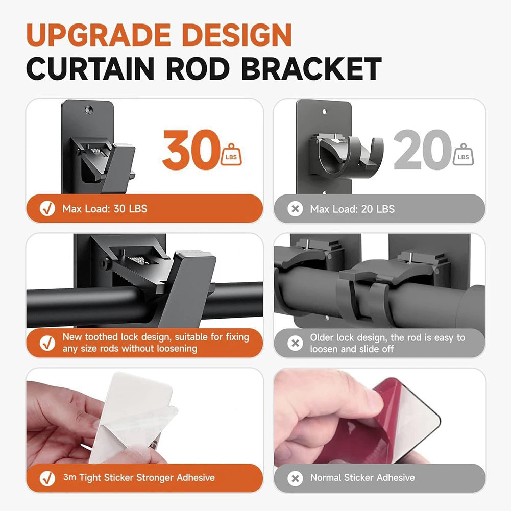 No-Drill Self-Adhesive Curtain Rod Brackets – 2 or 4 Pack