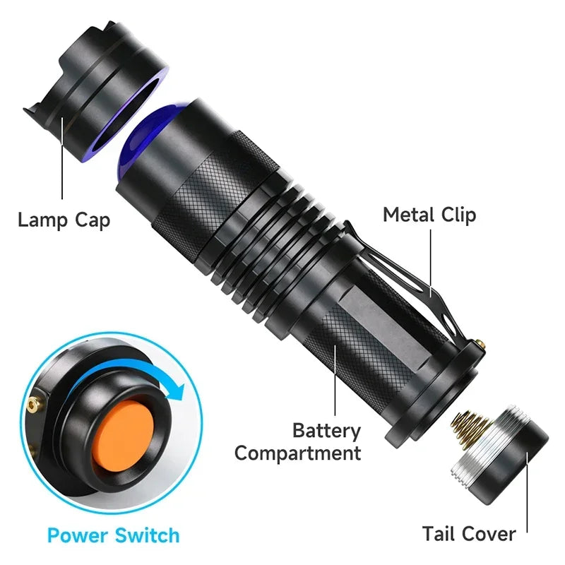 UV LED Flashlight Portable Blacklight 395nm Wavelength Violet Light Pet Urine Scorpion Feminine Hygiene Detector Torch Oasis Select