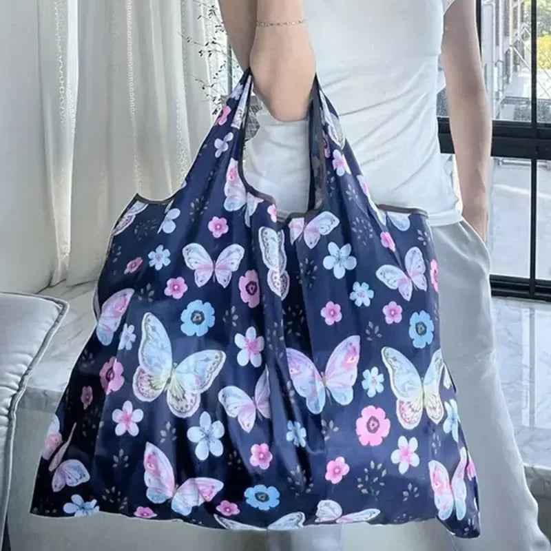 Portable Folding Shopping Bag Butterfly Flower Printing Grocery Bag Eco-friendly Reusable High-capacity Tote Bags 2024 New Oasis Select