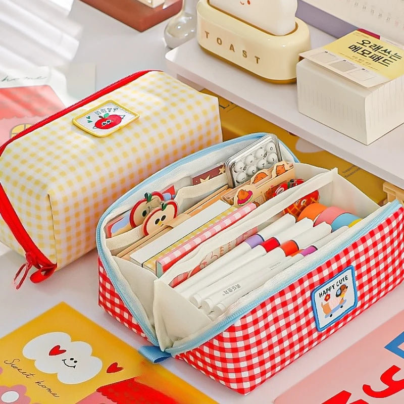 1PCs Cartoon Checkered Large Capacity Pencil Case Student School Desktop Storage Stationery Multi Layer Pen Bag Oasis Select