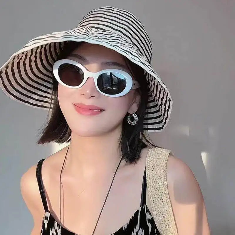 Striped Wide Brim Sun Hat Fisherman Cap Lightweight Summer Sun Hat for Women Color-block Striped Fisherman Hat for Beach Journey Oasis Select