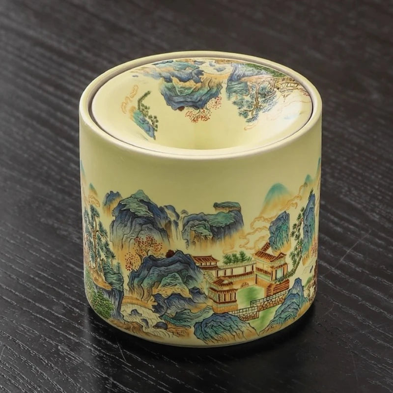Shanshui Yaju Ru Kiln Ashtray with Lid Anti Fly Ash Office Smoke Cup Household Chinese Funnel Smoke Jar Ceramics Oasis Select