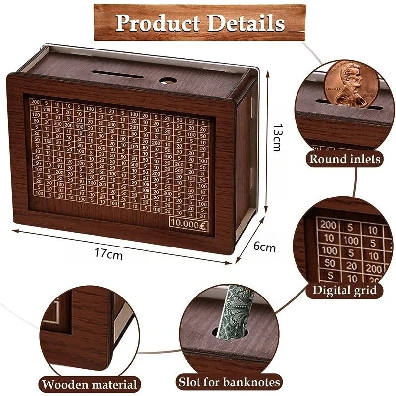 Wooden Piggy Bank Reusable Handmade Money Box, Piggy Bank with Saving Goal and Numbers To Check for Helps The Habit of Saving Oasis Select