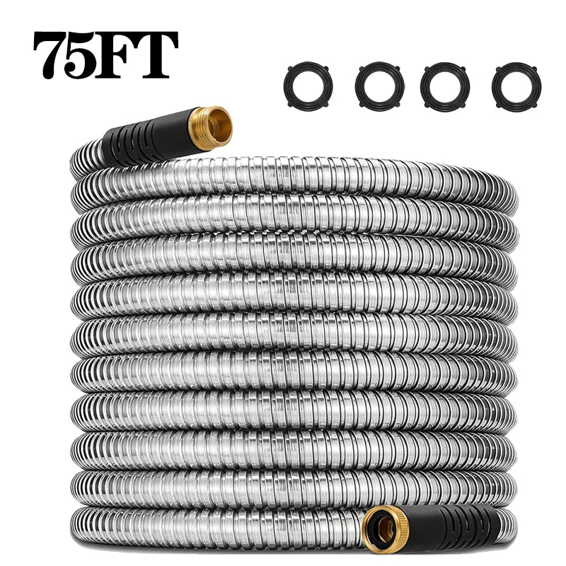 25-75ft Stainless Steel Garden Hose Metal Water Hose Patio Outdoor RV Car Wash Hose Watering Gun Hose Gardening Accessories Oasis Select 75FT