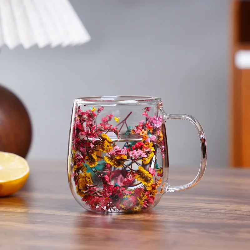 250ml Double-Walled Glass Cup with Handle High Borosilicate Reusable Coffee Mug, Built-In Floral Design for Hot & Cold Beverages Oasis Select Red 250ml