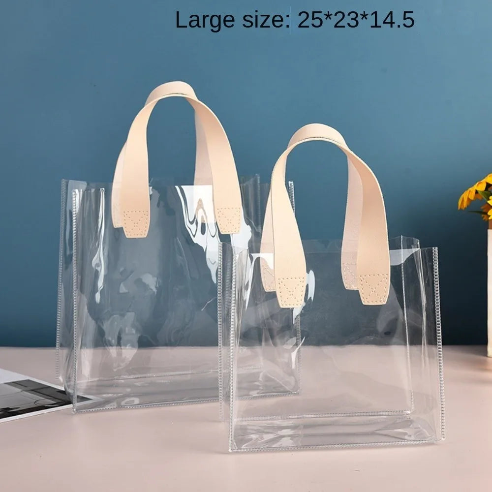 Large Capacity PVC Clear Tote Bag Transparent Handle Transparent Shopping Bags Waterproof Storage Bag Oasis Select -Large Beige