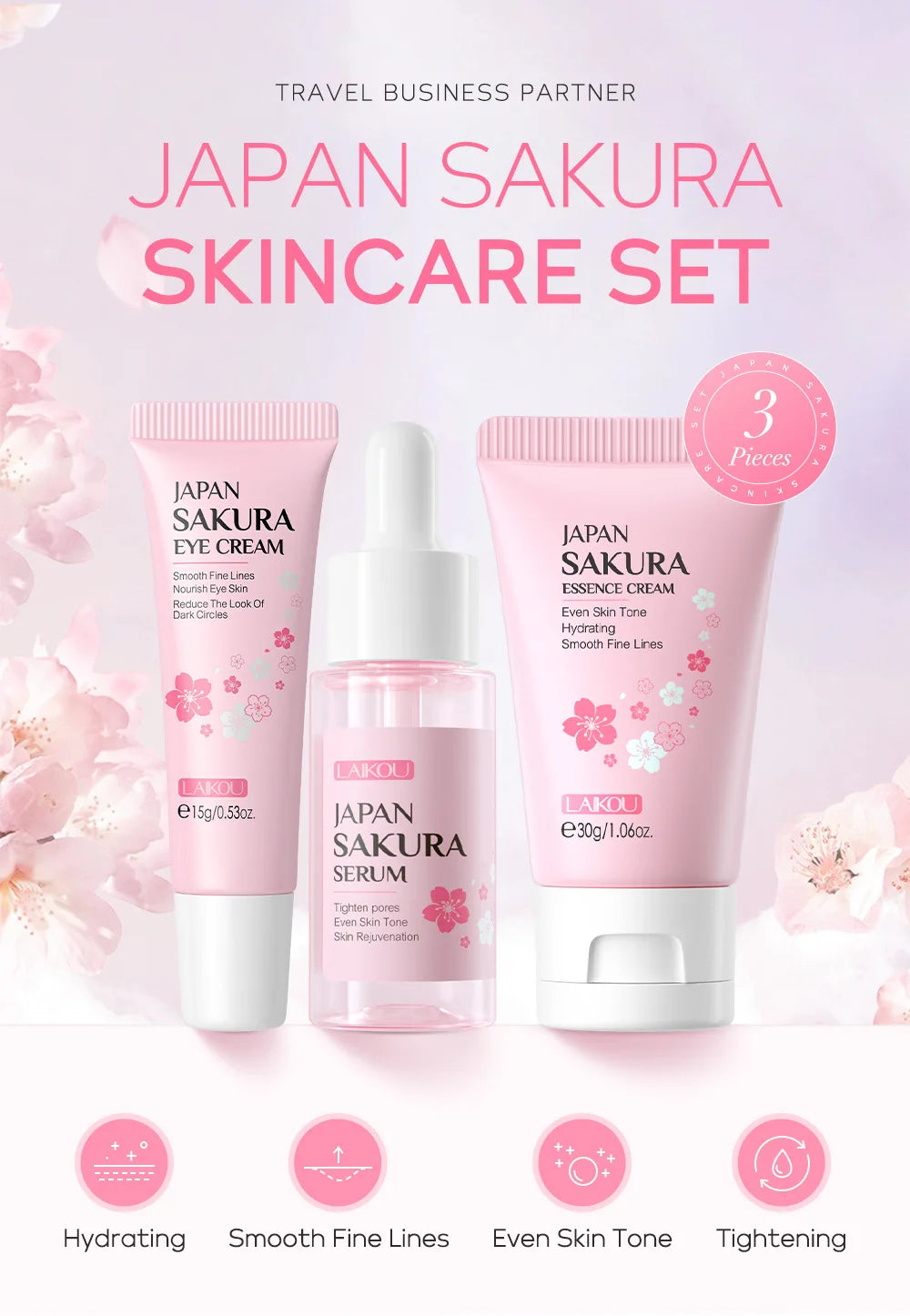 LAIKOU Japan Sakura 3pcs Hydrating Skin Care Set - Eye Cream 15g Serum 17ml Essence Cream 30g Women Beauty Gift Box Oasis Select