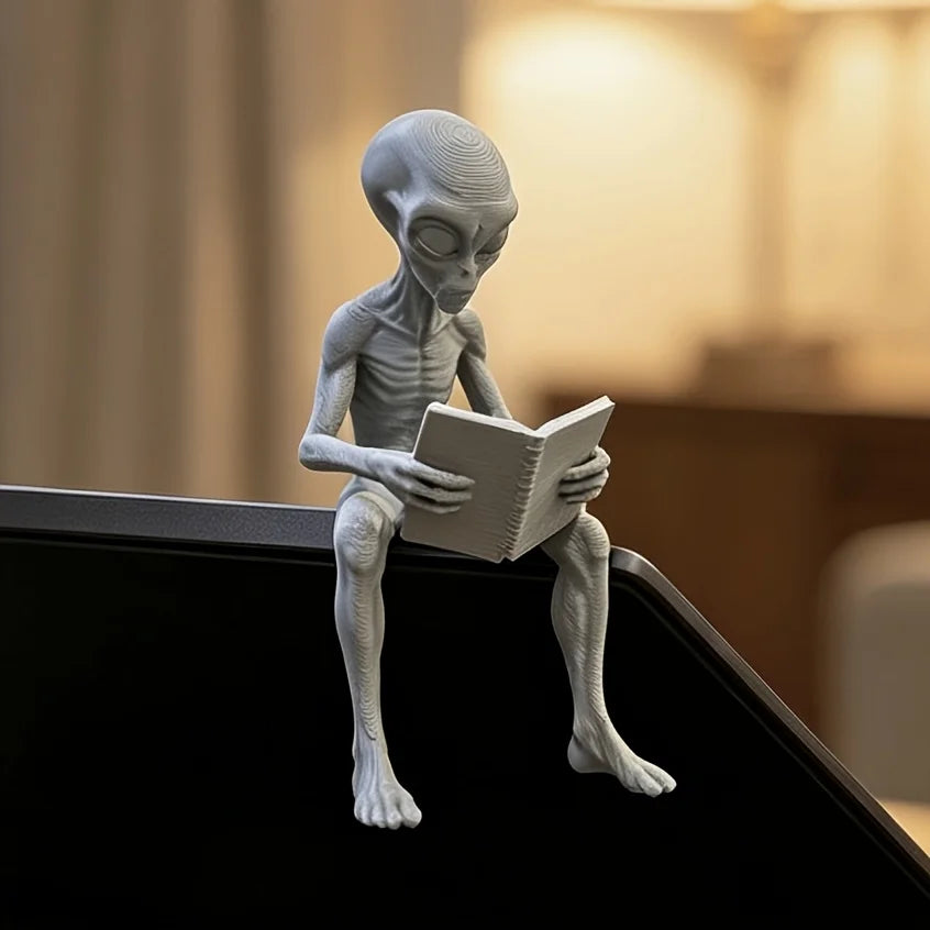 Reading Alien Mini Figurines 3D Printed Extraterrestrial Bookworm Statue Novelty Monitor Top Home Desktop Companion Office Decor Oasis Select