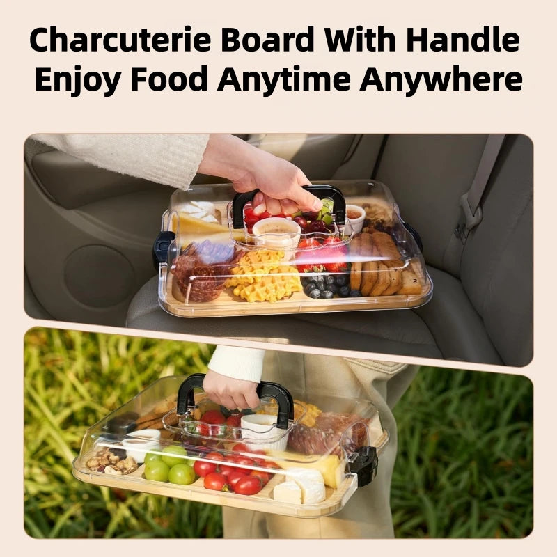 6 Compartment Bamboo Snack Tray with Clear Airtight Lid, Locking Clips Detachable Handle, Portable Platter Charcuterie Organizer Oasis Select