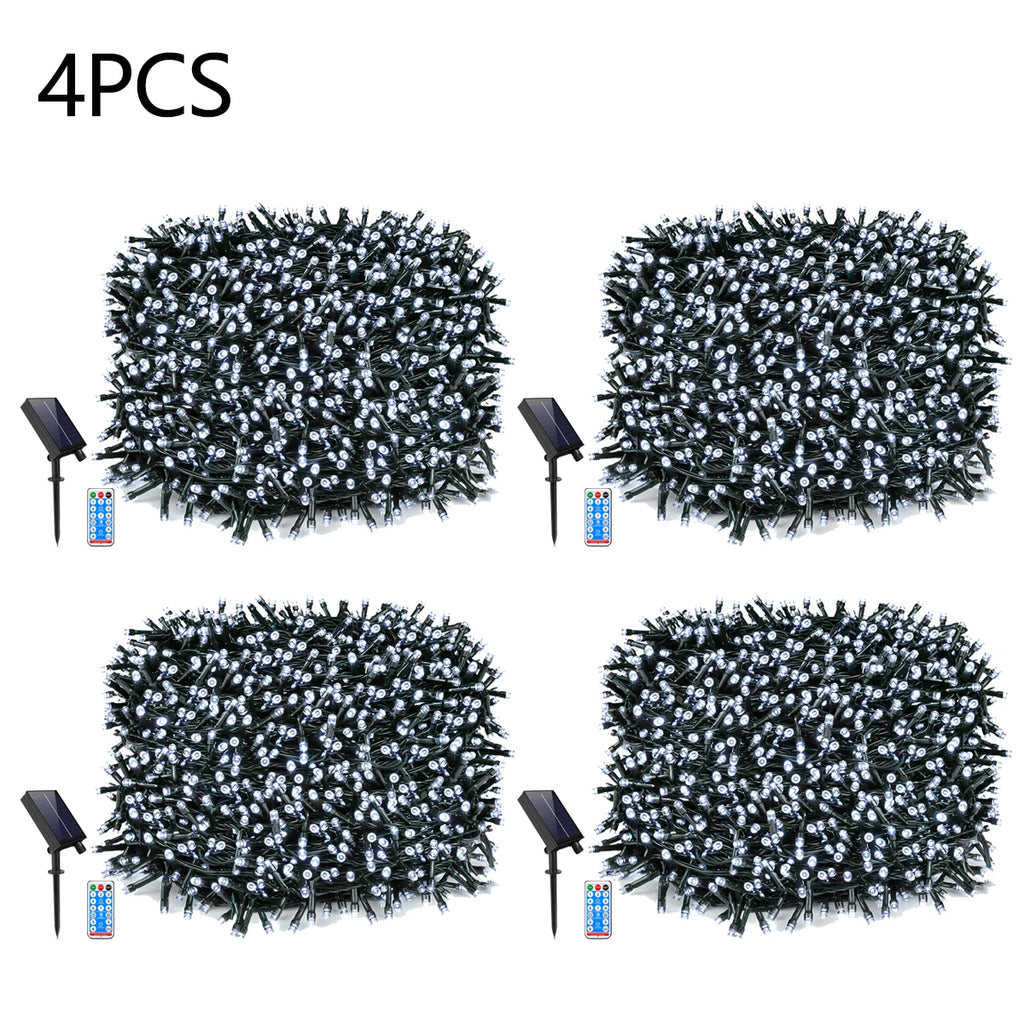Outdoor Solar Lawn Street Light String 1/2/3/4Pcs Holiday Christmas Tree Stair Handail Decor Light Panel+Remote Control Dimmable Oasis Select 4PCS White 10M 100LEDs