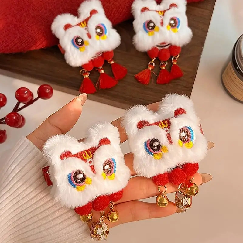 2pcs Chinese Lion Dance Hair Clip Pompom Tassel Barrette Traditional Xing Shi Awakened Lion Hairpin Oriental Festival Accessorie Oasis Select