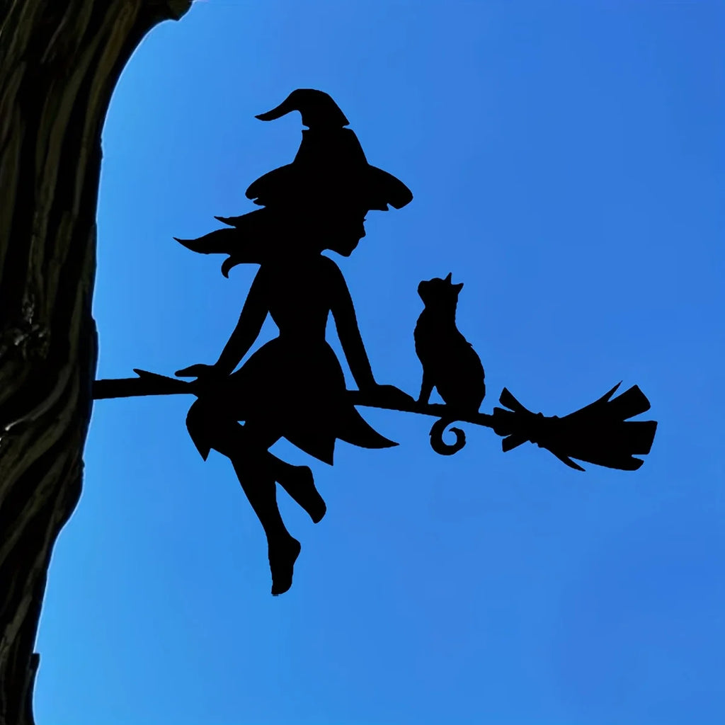 Enchanting Witch & Cat Garden Decor - Durable Iron Art with Flying Broomstick, for Halloween & Outdoor, Outdoor Garden Decor Oasis Select