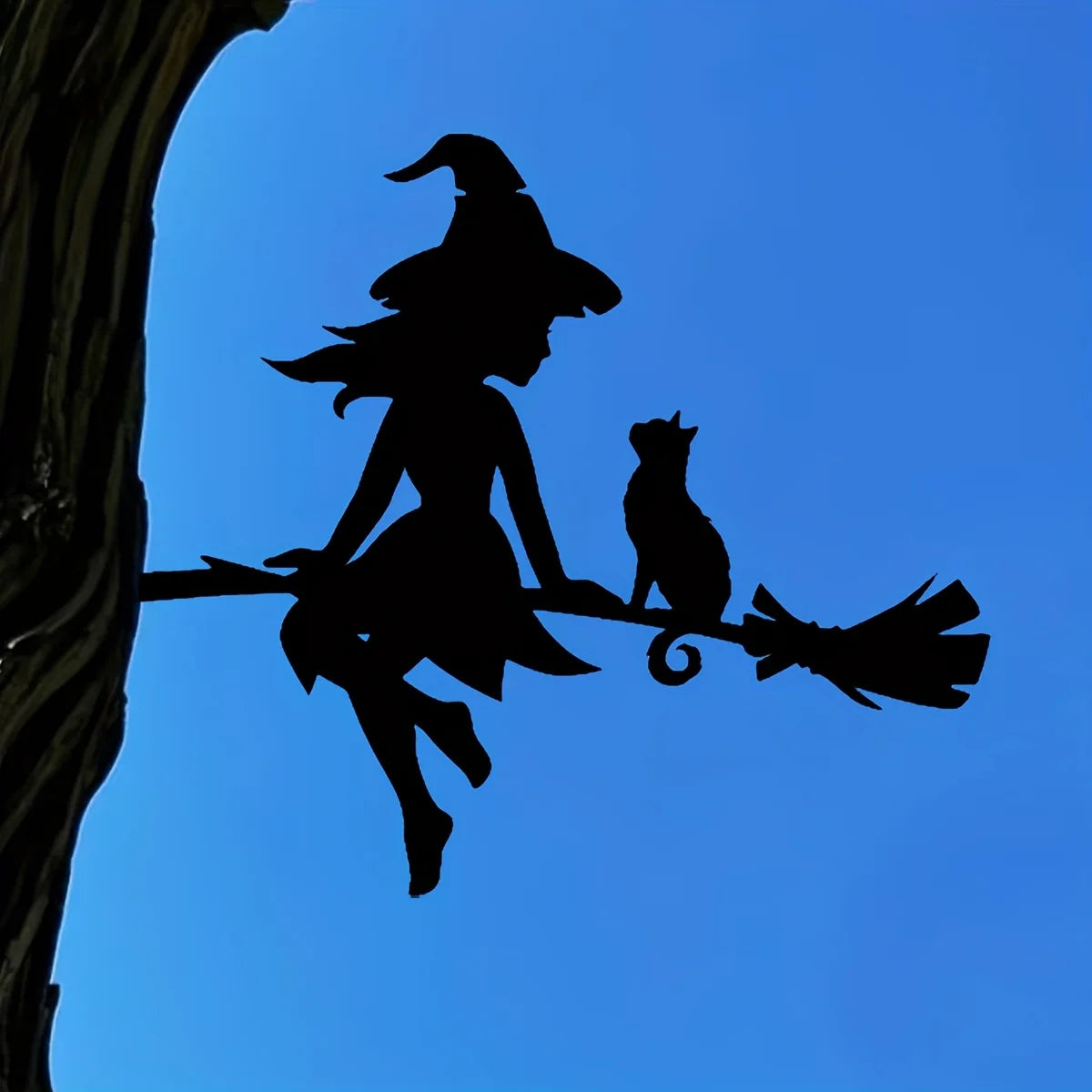 Enchanting Witch & Cat Garden Decor - Durable Iron Art with Flying Broomstick, for Halloween & Outdoor, Outdoor Garden Decor Oasis Select