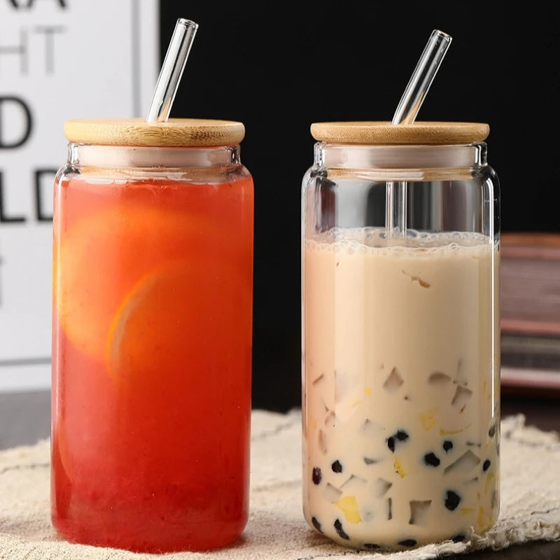 450ml/550ml Glass Cups with Bamboo Lids and Straw 1pc Mason Jars Coffee Mug Beer Can Shaped for Cocktail Milk Juice Cola Gift Oasis Select