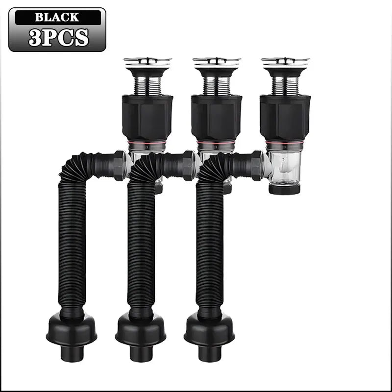 Flip-Top Kitchen Sink Drain Retractable Deodorizing Filter Flexible Downspout Bathroom Sink Anti Clogging Kitchen Accessories Oasis Select Black-3PCS