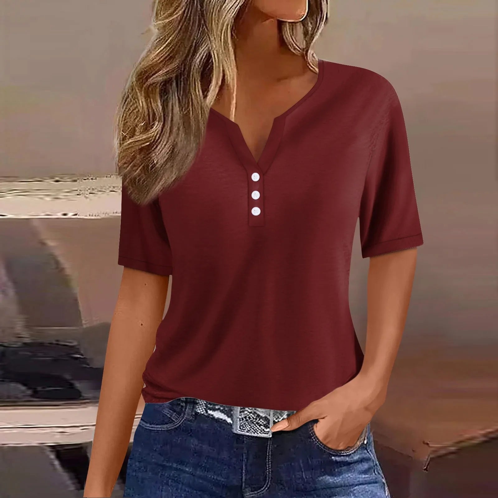 Women Summer Trendy Simple Casual Fashion Button T Shirt V Neck Short Sleeve Solid Loose Pullover Tops Plus Size Ropa De Mujer Oasis Select Deep Red S