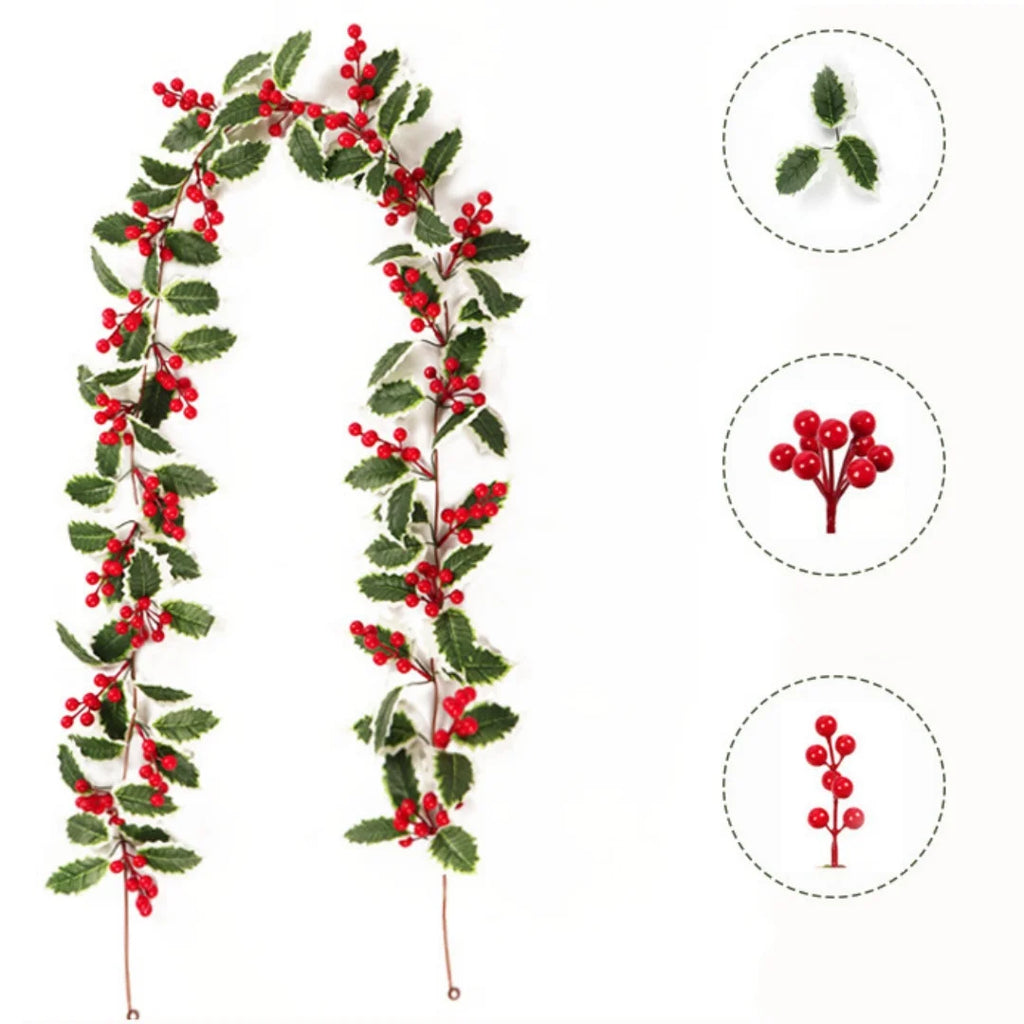 2M Christmas Garland String Light Artificial Red Berry Holly Leaves DIY Rattan Wreath For Xmas New Year Holiday Home Decoration Oasis Select Style 5