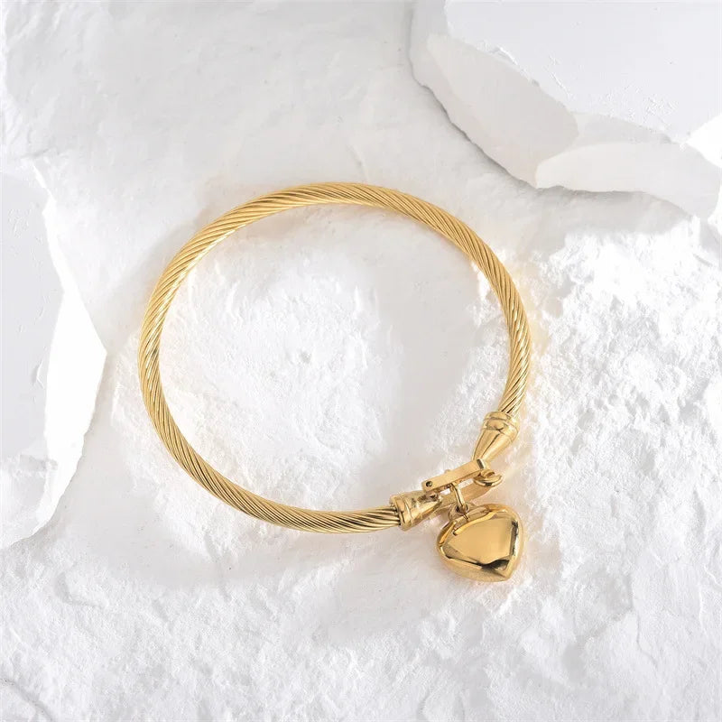 Gold Color Stainless Steel Heart Pendant Charm Bangle Bracelets For Men Women Oasis Select