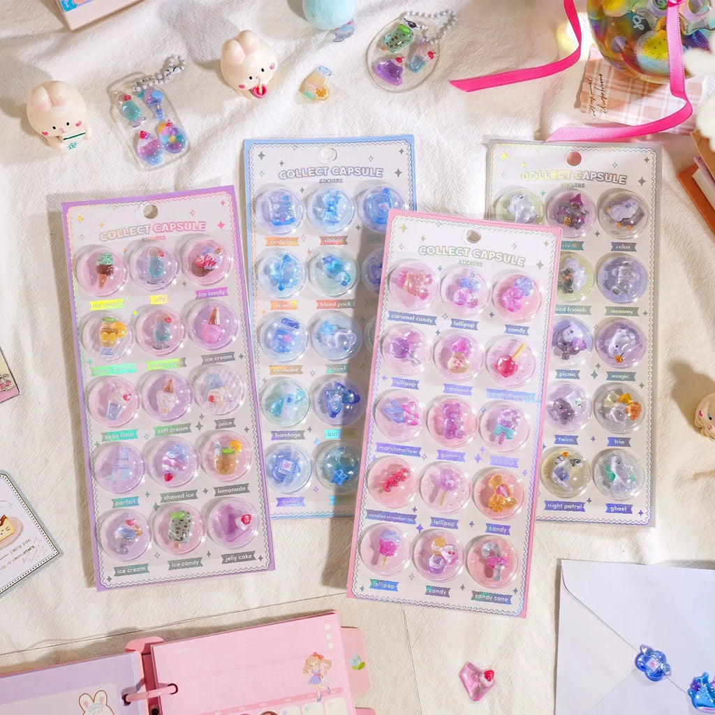 Creative 3D Capsule Embossed Crystal Sticker Kawaii 3D Relief Stickers Scrapbooking DIY Journal Cute Stationery School Sticker Oasis Select