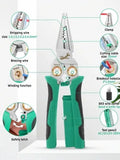 JUSTINLAU 8-in1 Electrician's Pliers Multi-function Wire Stripper Stainless Steel Needle-nose Pliers with Electrical Measurement Oasis Select green