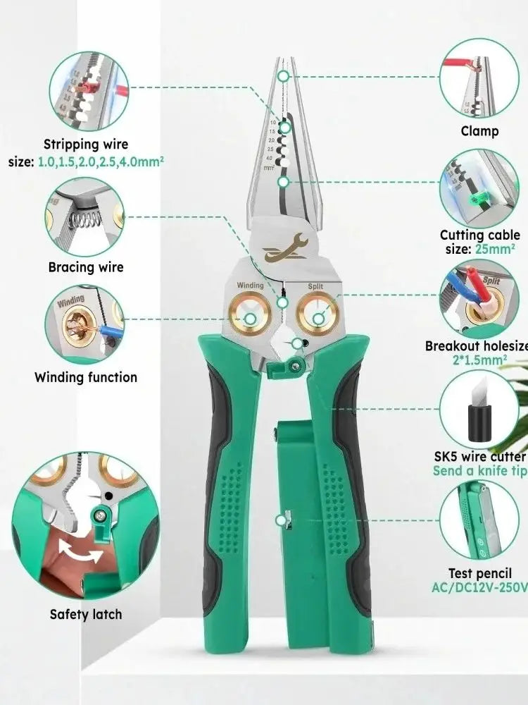 JUSTINLAU 8-in1 Electrician's Pliers Multi-function Wire Stripper Stainless Steel Needle-nose Pliers with Electrical Measurement Oasis Select green