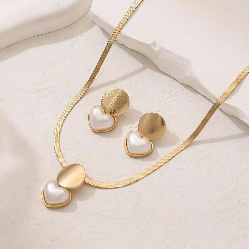 2Pcs Minimalist Creative Heart-shaped Pendant Snake Chain Necklace Earrings Sets For Women Jewelry Oasis Select