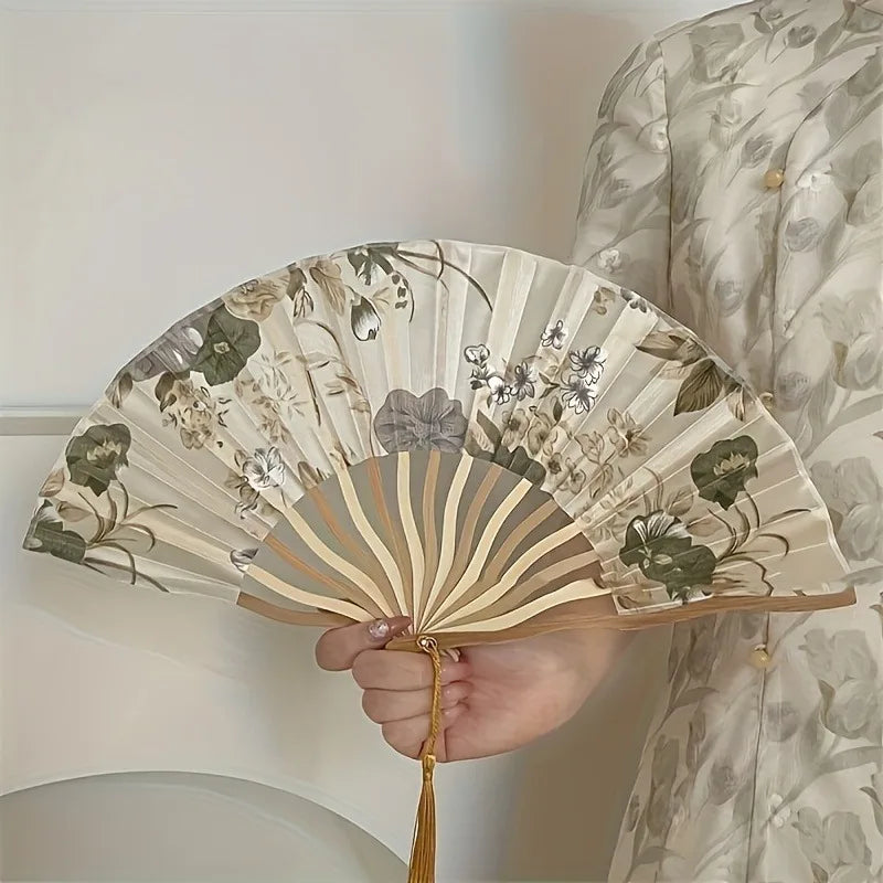 Traditional Chinese Ink Painting Folding Fan Portable Bamboo Cloth Hand Fan with Floral Pattern and Tassel for Qipao Accessory Oasis Select