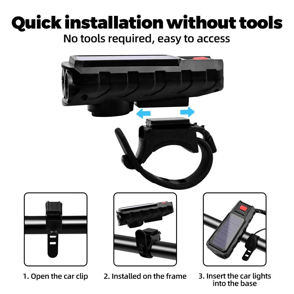 Bicycle Front Light Solar TYPE-C Rechargeable MTB Road Front Light High Brightness Flashlight 120dB With Horn led cycling front Oasis Select