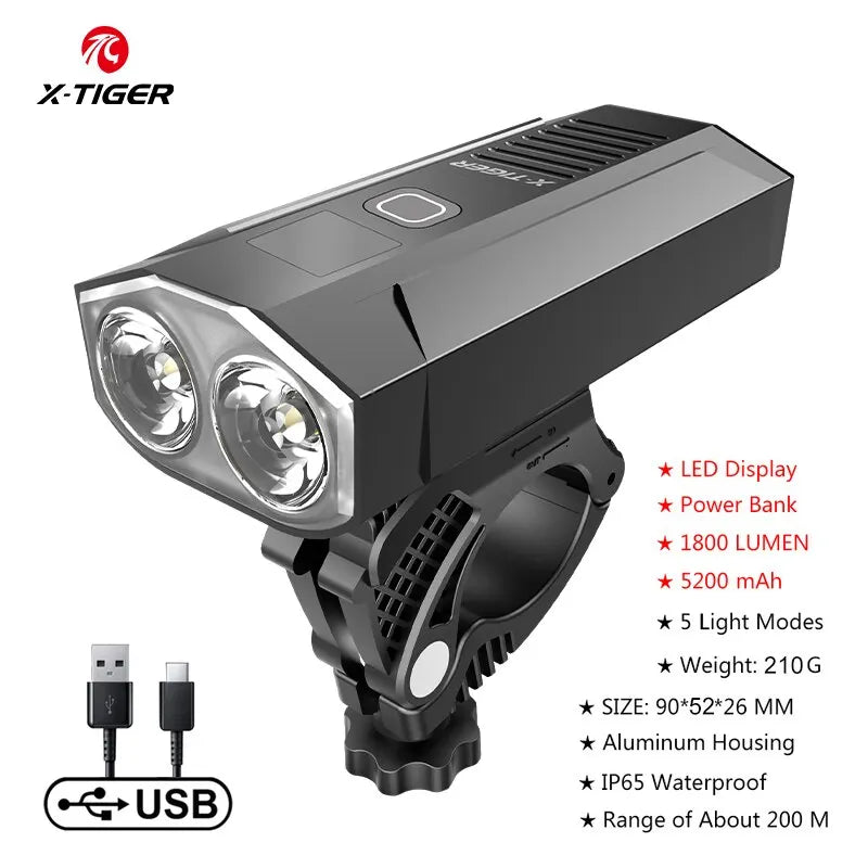 X-Tiger Bike Light Headlight Bicycle Lamp With Power Bank Rechargeable LED 5200mAh MTB Bicycle Light Flashlight Bike Accessories Oasis Select QD-1101