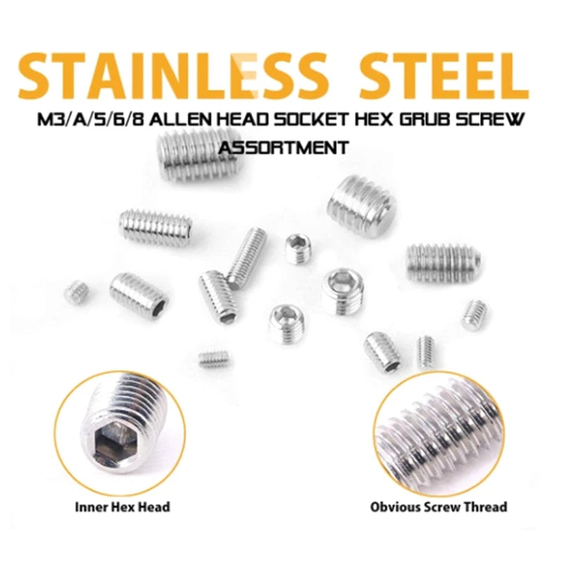 300 Pieces Internal Hex Drive Cup-Point Screws Set 304 Stainless Steel Grub Screw M2.5-M8 Oasis Select