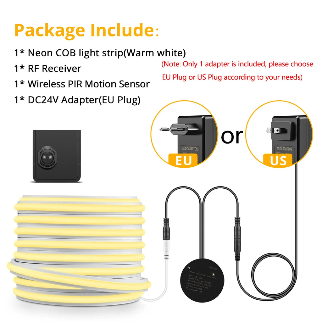 24V Wireless PlR Motion Sensor COB LED Neon Strip NightLight for Bed Bathroom Stair Hallway Lighting 3/5/10m Solid Silicone Tape Oasis Select 10M Length 1Sensor Warm White US
