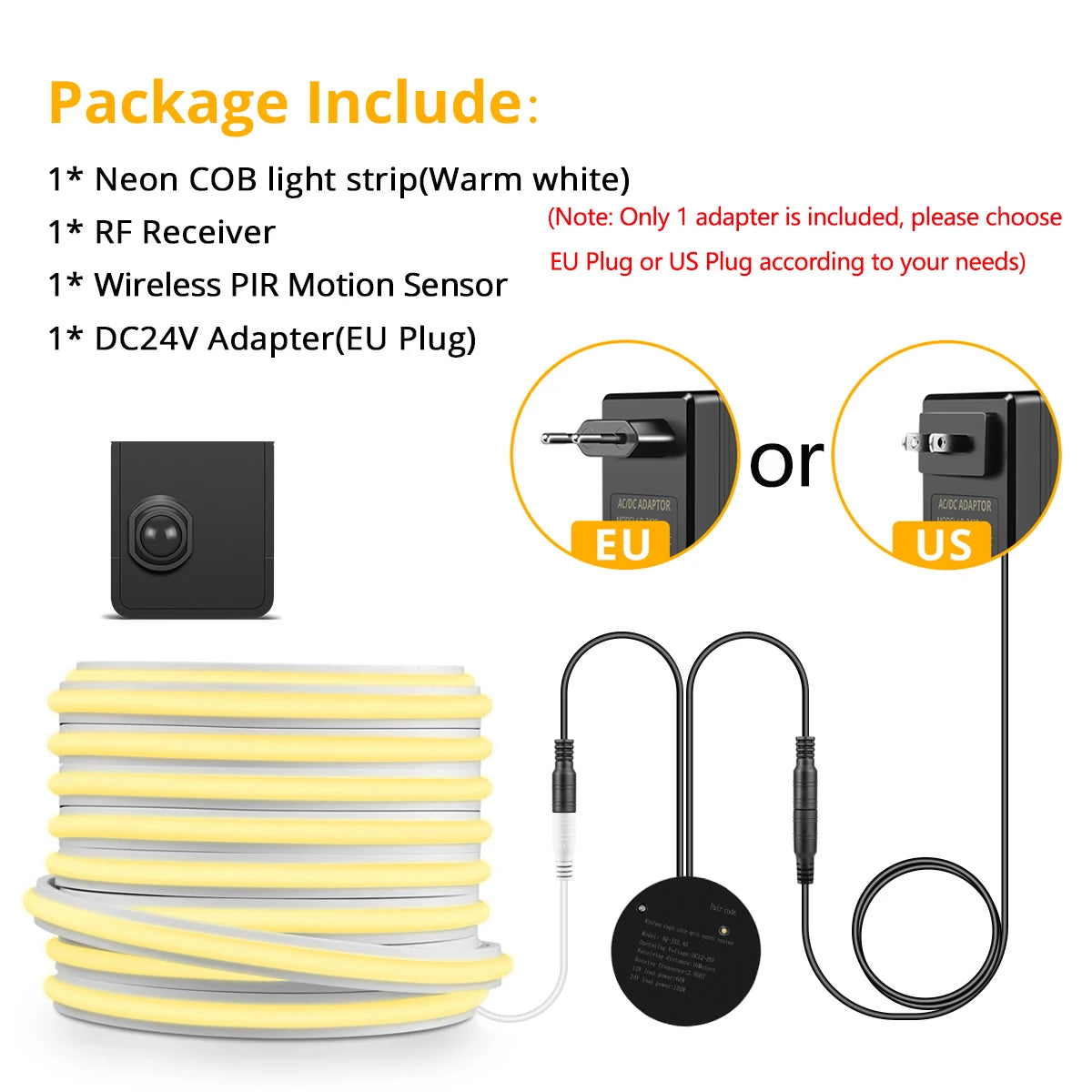 24V Wireless PlR Motion Sensor COB LED Neon Strip NightLight for Bed Bathroom Stair Hallway Lighting 3/5/10m Solid Silicone Tape Oasis Select 10M Length 1Sensor Warm White US