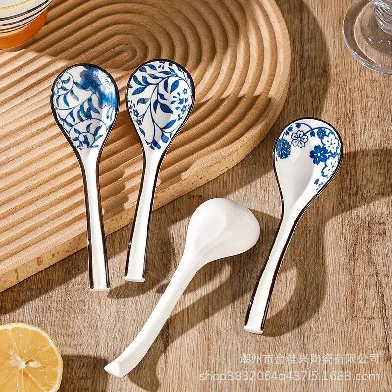 Japanese Blue And White Ceramic Spoon With Underglaze Decoration Soup And Noodle Serving Kitchen Cooking Utensil Oasis Select