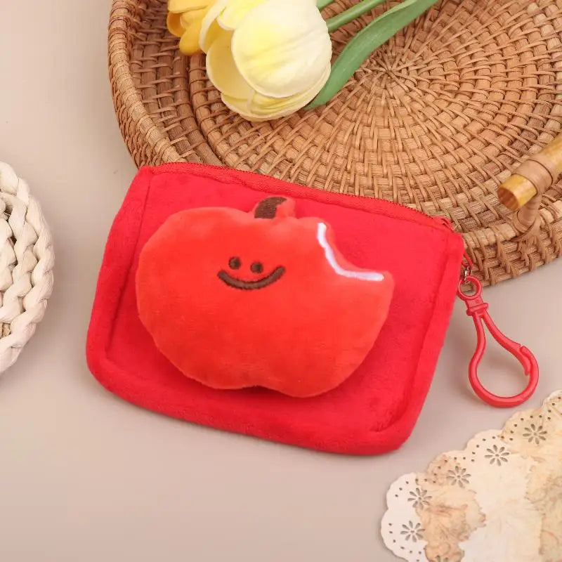 Cute Red Fruit Plush Coin Purse Mini Zipper Pouch With Keychain Cartoon Fruit Wallet For Earphones Coins Bag Charm Gift Oasis Select Rectangle