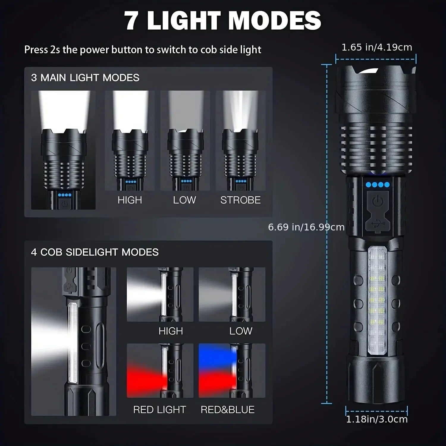 1pc Super Powerful Rechargeable Torch Flood Light With Side Light For Outdoor Camping, Fishing, Hunting, Climbing, Adventure Eme Oasis Select