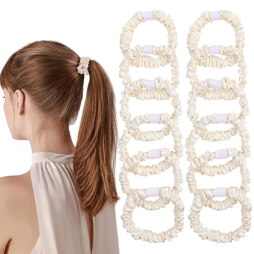 5pcs Small Satin Silk Scrunchies Bulk for Women Thin Hair Tie Mini Scrunchy Bands Skinny Ponytail Holders Pony Tails Wrist Decor Oasis Select White