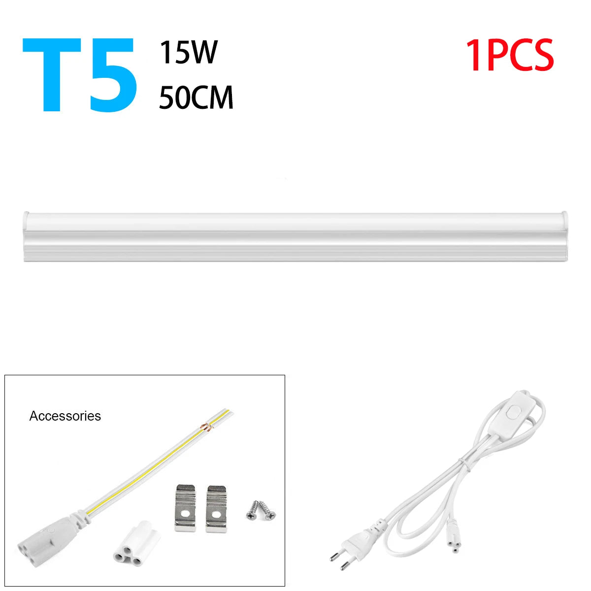 High Efficiency Saves 50% Energy T5 LED Tube 5W 50cm 2835SMD Chip,Replacement for Fluorescent Tubes Bulb,85-265V Home Lighting Oasis Select 1XTube With EU Plug Neutral White