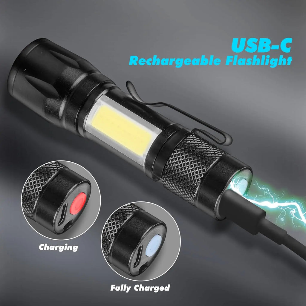 COB+XPE Mini LED Pocket Flashlight with Pen Clip Portable USB Rechargeable Torch Outdoor Zoomable Light Tactical Lantern Lamp Oasis Select